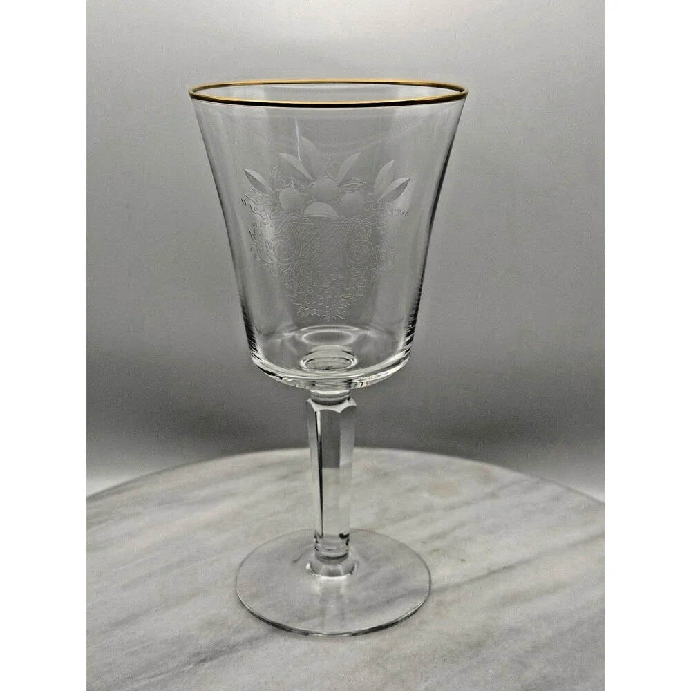 Vintage Lenox Fontaine Wine Glass Gold Rim Etched Crystal USA 1976-1986 6.75